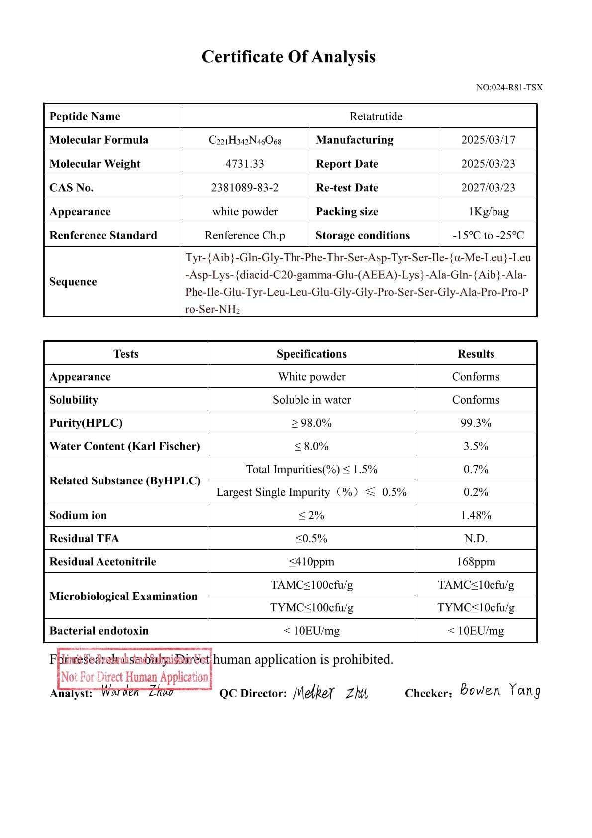 Certificate of Analysis für Retatrutide mit einer Reinheit von 99,3 %